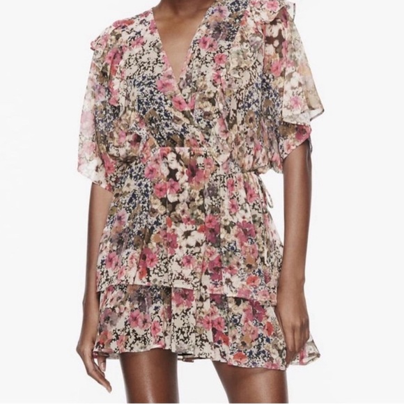 ZARA Floral Printed V-Neck Ruffle Detail Flutter Sleeve Tie Mini Dress Size S - Picture 5 of 13